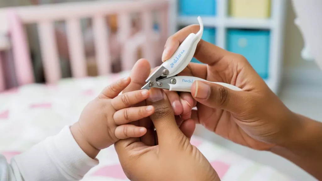 Baby sleeping while parent carefully cuts their nails with scissors