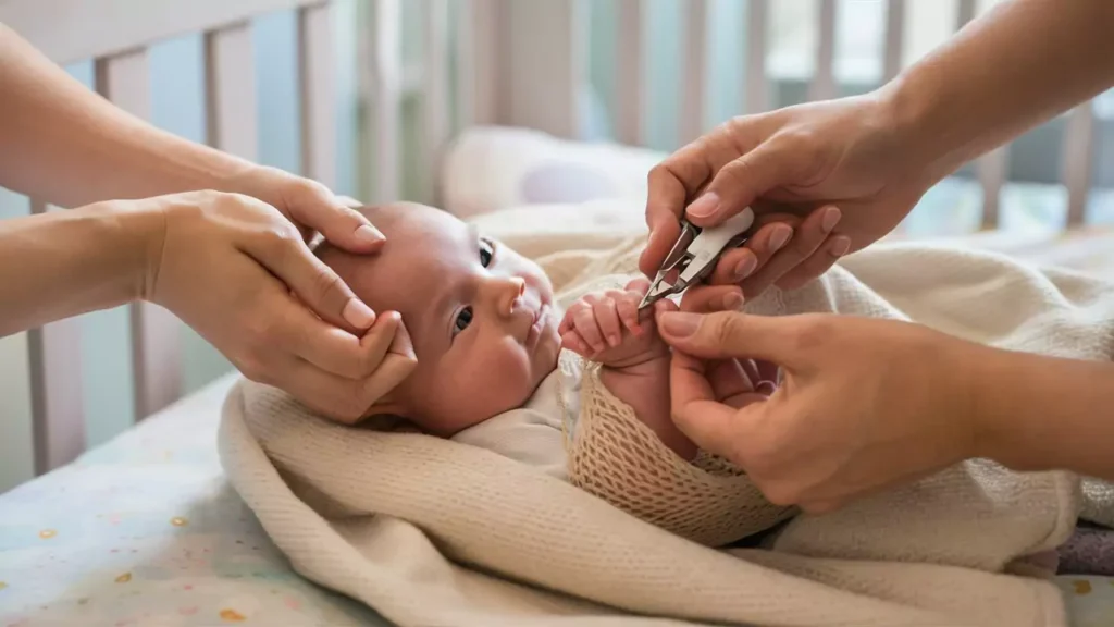 Essential tools for safely cutting baby nails, including clippers and file