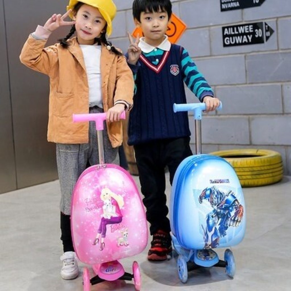 Cartoon kids scooter suitcase on wheels
