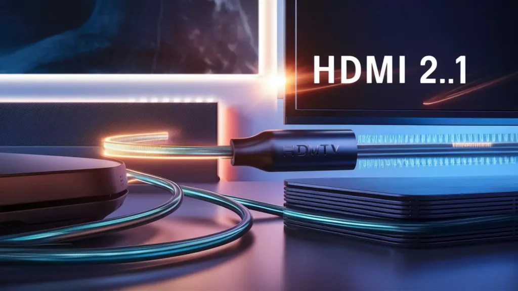 HDMI 2.1 cables connected to a TV for seamless video streaming