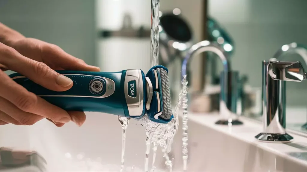 Hands cleaning a Clio electric shaver under running water in a sink